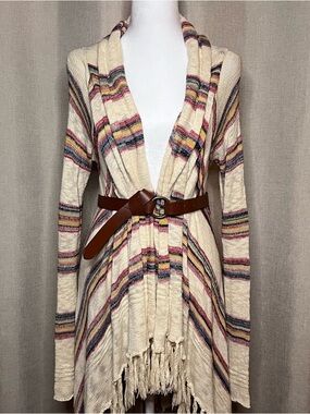 Forever 21 Boho Striped Fringe Knit Long Cardigan Sweater Beige Women’s Small